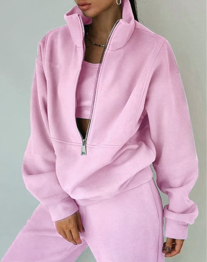 Conjunto Casual Oversized para Mujer de Dos Piezas con Sudadera con Capucha y Media Cremallera y Pantalones Joggers de Cintura Alta Streetwear Lounge Cómodo – Grace