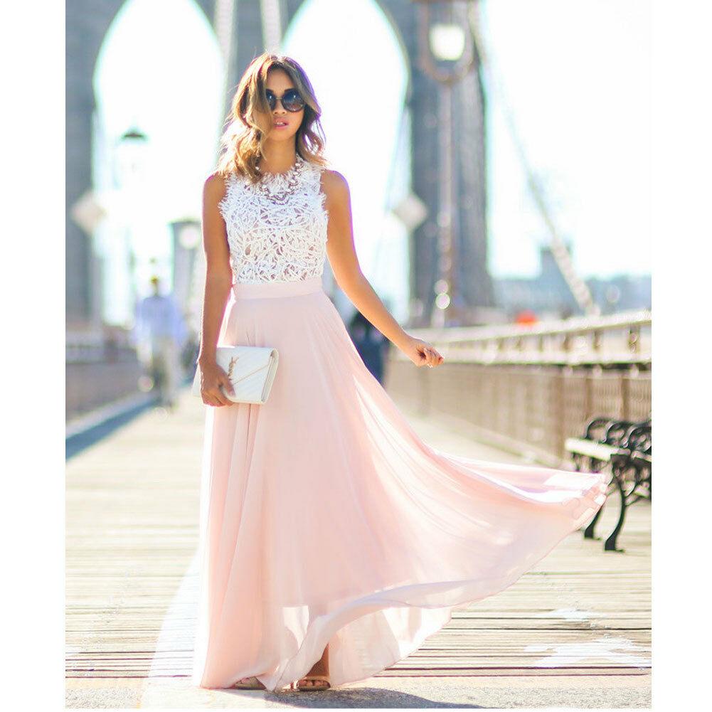Vestido largo mujer top encaje falda fluida chiffon rosa ceremonia boda casual cóctel jardín formal – Rosalène