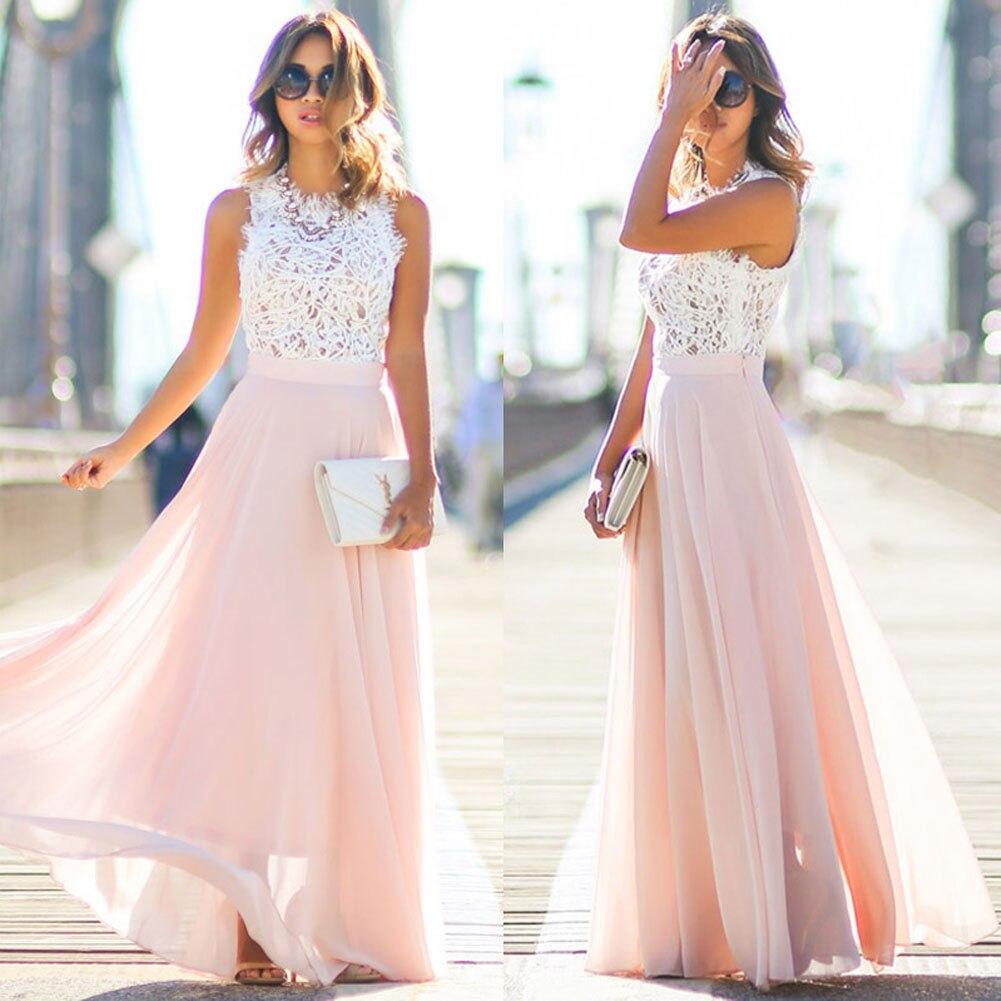 Vestido largo mujer top encaje falda fluida chiffon rosa ceremonia boda casual cóctel jardín formal – Rosalène