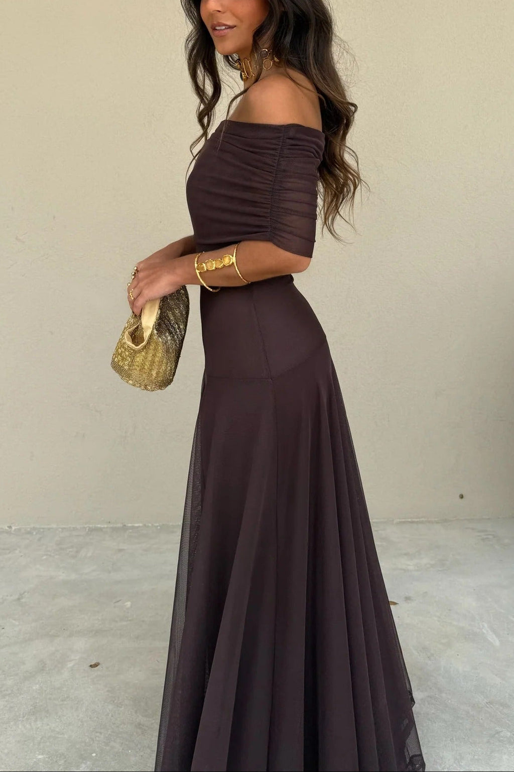Robe de Soirée Formelle pour Femme Invité de Mariage Maxi à Épaule Démontable en Maille Romantique – Brittany