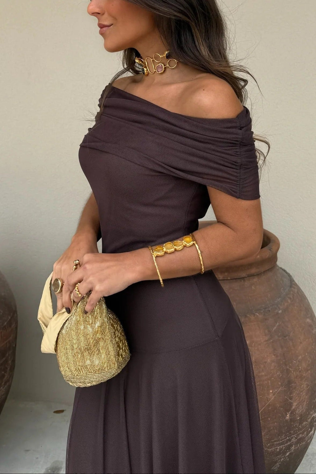 Robe de Soirée Formelle pour Femme Invité de Mariage Maxi à Épaule Démontable en Maille Romantique – Brittany