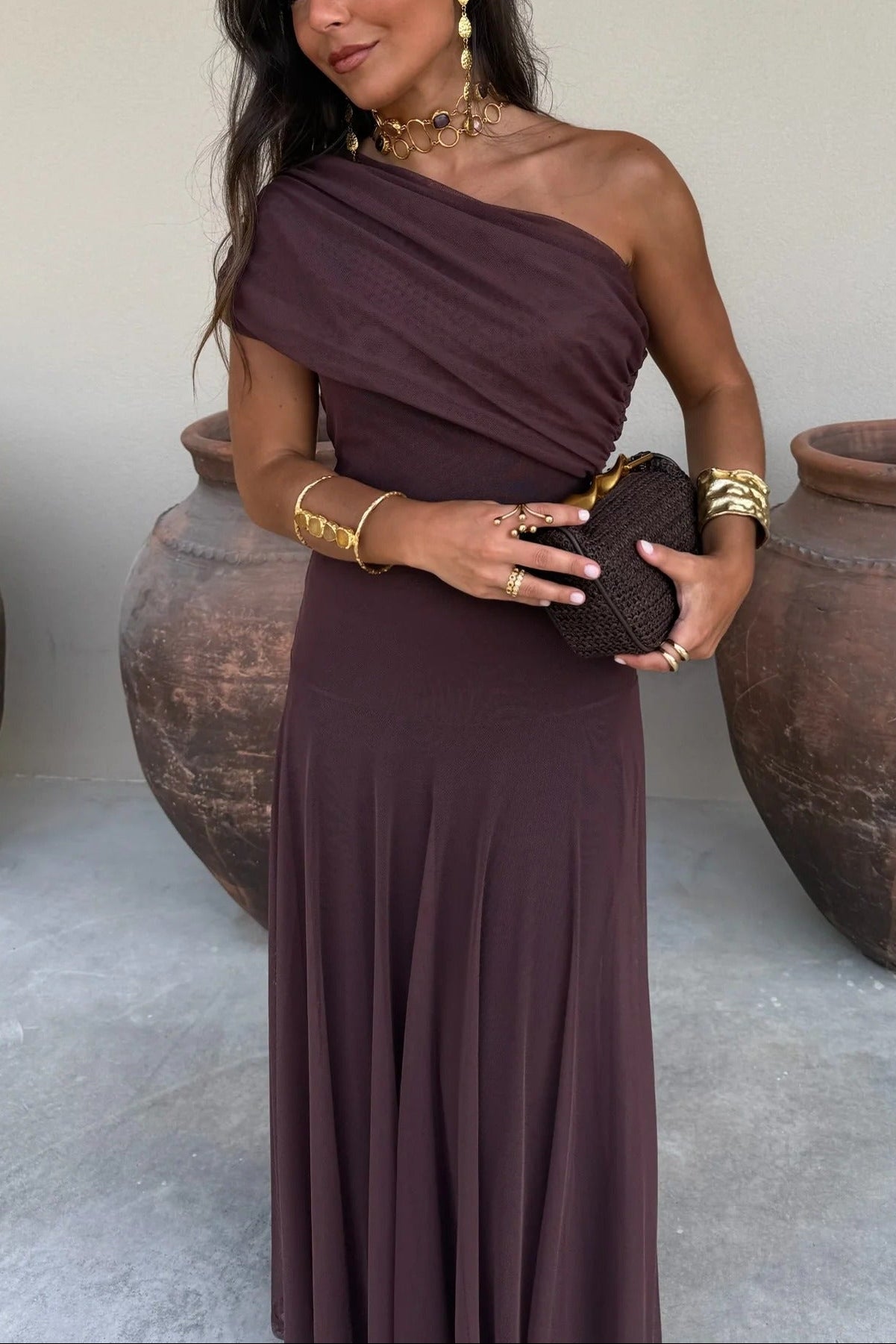 Robe de Soirée Formelle pour Femme Invité de Mariage Maxi à Épaule Démontable en Maille Romantique – Brittany
