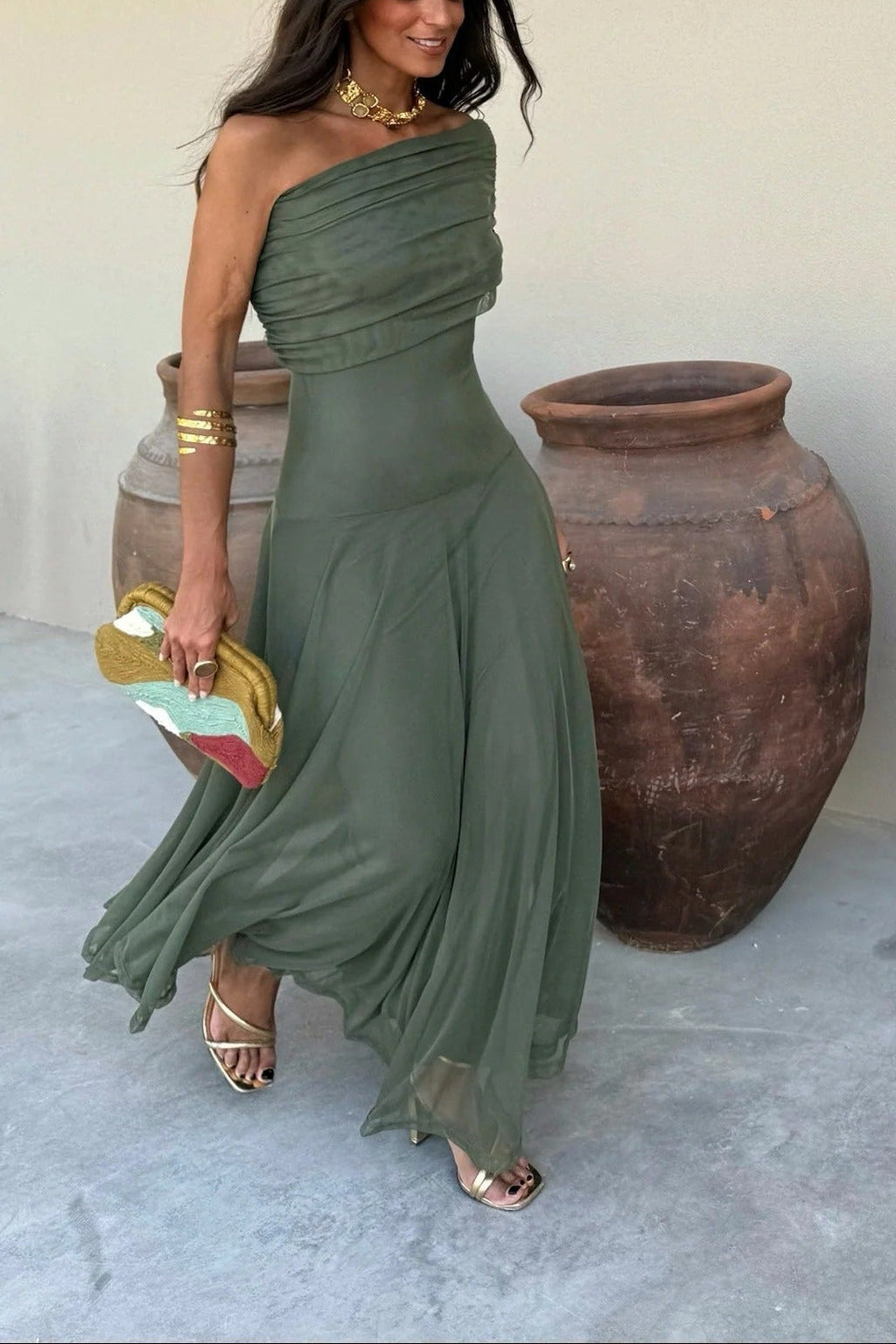 Robe de Soirée Formelle pour Femme Invité de Mariage Maxi à Épaule Démontable en Maille Romantique – Brittany