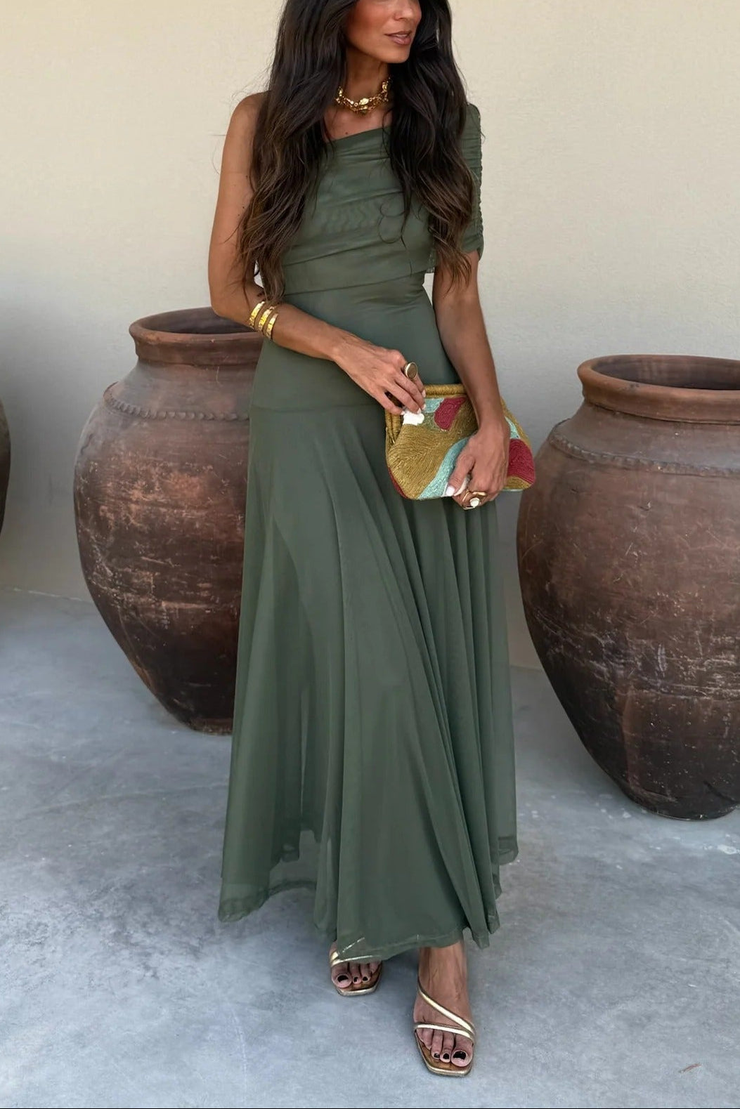 Robe de Soirée Formelle pour Femme Invité de Mariage Maxi à Épaule Démontable en Maille Romantique – Brittany