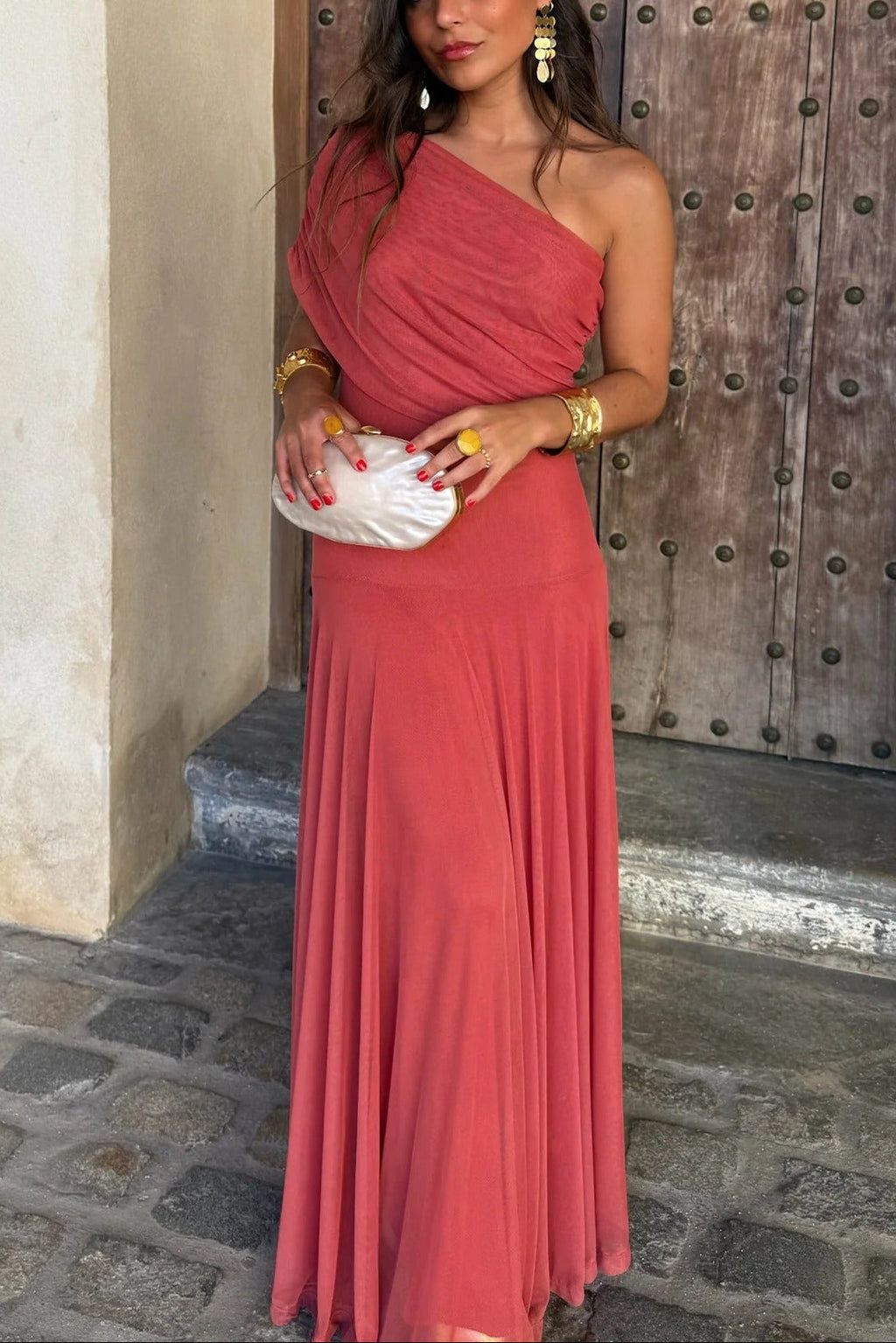 Robe de Soirée Formelle pour Femme Invité de Mariage Maxi à Épaule Démontable en Maille Romantique – Brittany