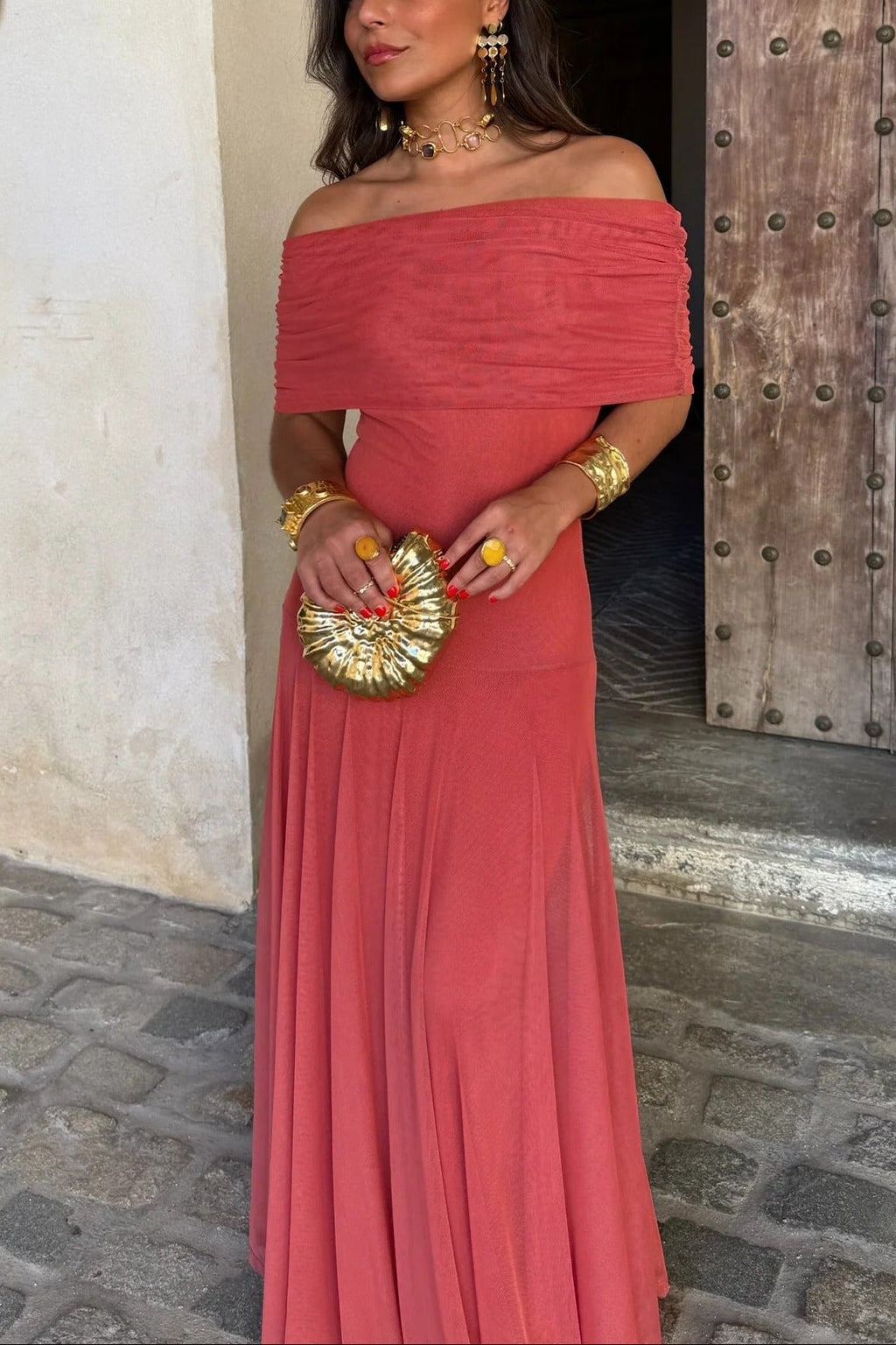Robe de Soirée Formelle pour Femme Invité de Mariage Maxi à Épaule Démontable en Maille Romantique – Brittany