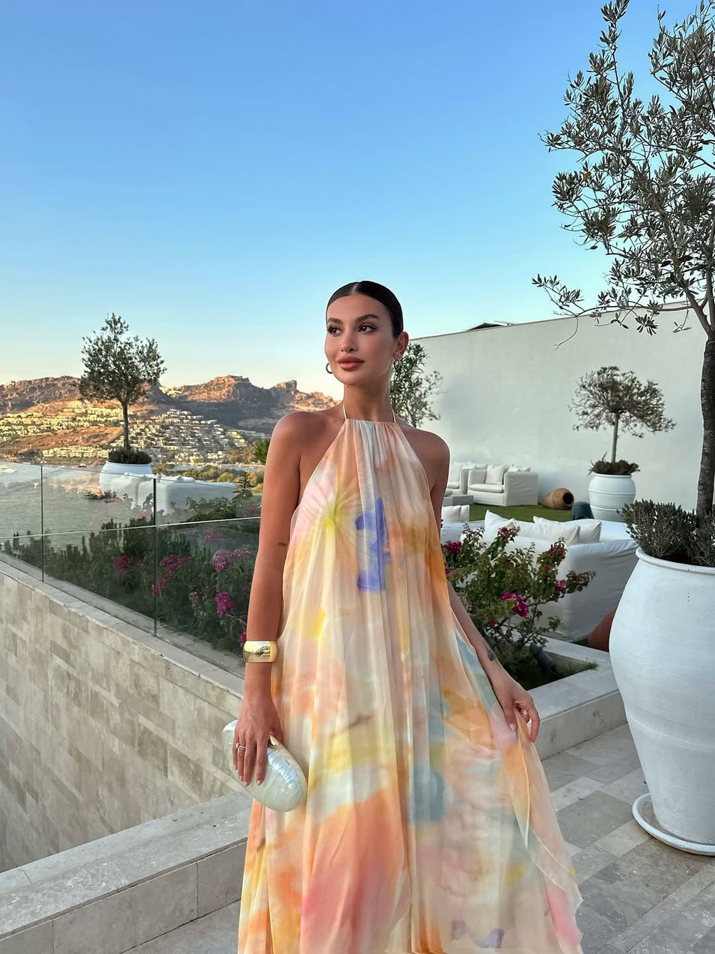 Abito lungo a spalline stampato da donna – invitata a matrimonio, festa in giardino, spiaggia, vacanze, boho, formale – Corinna