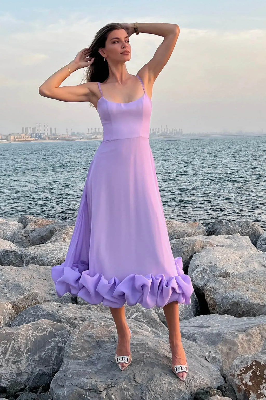 Robe de Mariage Sans Manches Midi pour Femme Silhouette Fluide Taille Définie Légère Polyvalente – Heather