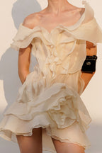 Robe Femme Mini Volants Épaules Dénudées Décolleté V Fermeture Nœud Dos Sans Manches Cocktail Soirée Date Night Fête Cérémonie Été Formelle – Jazlyn