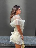 Robe Femme Mini Volants Épaules Dénudées Décolleté V Fermeture Nœud Dos Sans Manches Cocktail Soirée Date Night Fête Cérémonie Été Formelle – Jazlyn