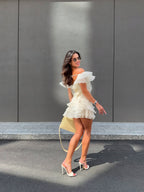 Robe Femme Mini Volants Épaules Dénudées Décolleté V Fermeture Nœud Dos Sans Manches Cocktail Soirée Date Night Fête Cérémonie Été Formelle – Jazlyn