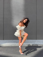 Robe Femme Mini Volants Épaules Dénudées Décolleté V Fermeture Nœud Dos Sans Manches Cocktail Soirée Date Night Fête Cérémonie Été Formelle – Jazlyn