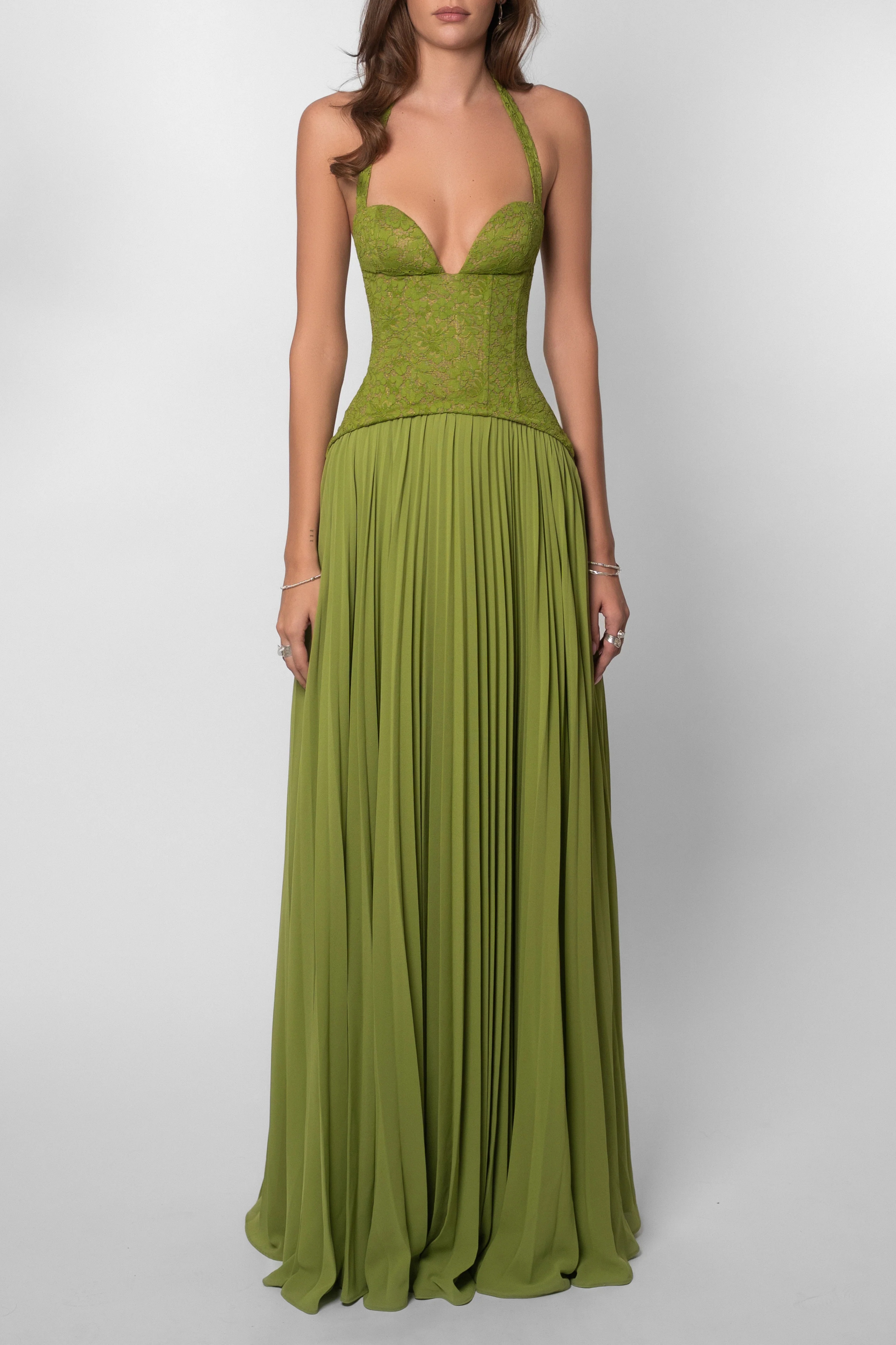 Robe de Mariée Longue pour Femme en Dentelle Plissée à Bretelles Fluide Élégante – Kenley