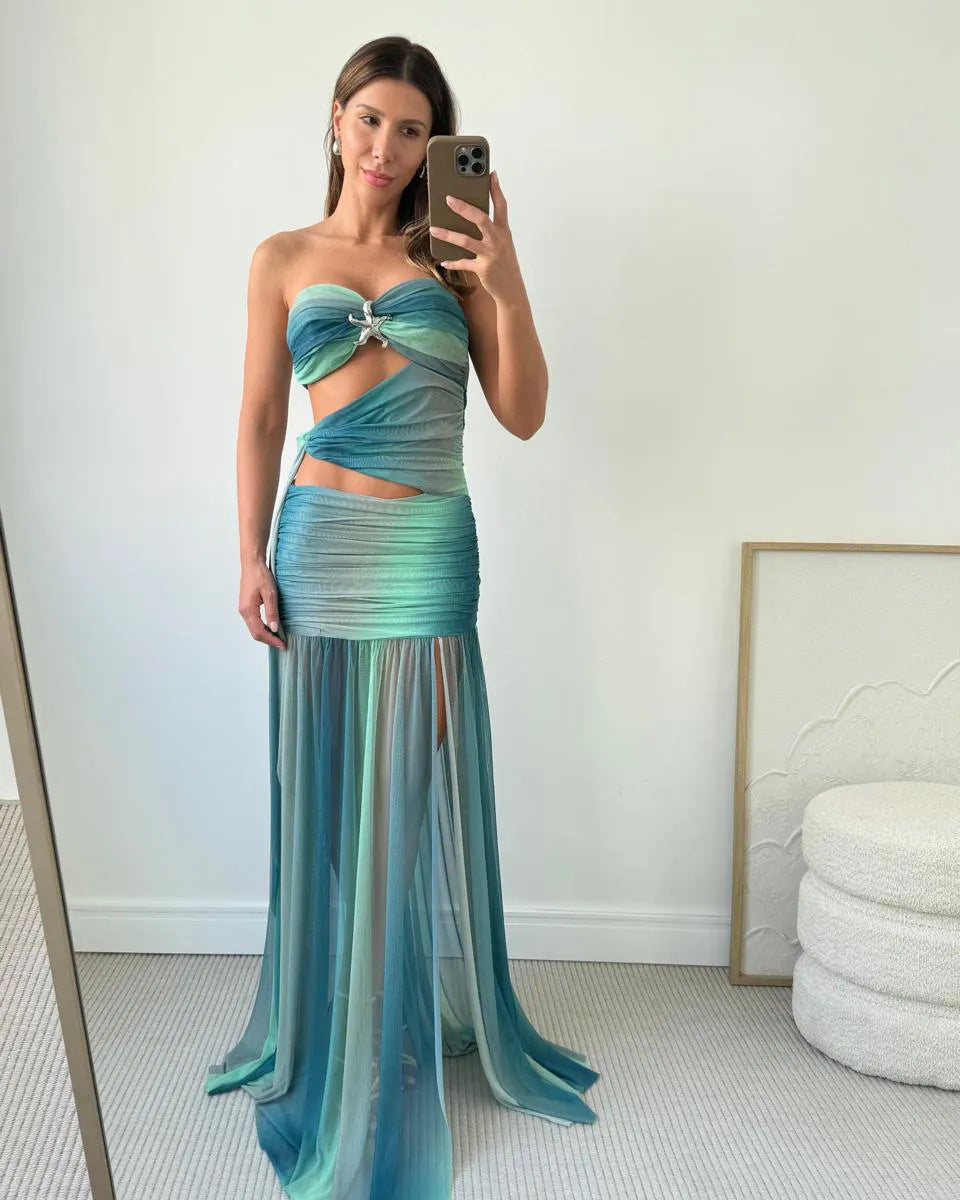 Robe de fête d'été pour femmes, sans bretelles, en maille, découpée, longue, fluide, A-line, décontractée et élégante – Wren