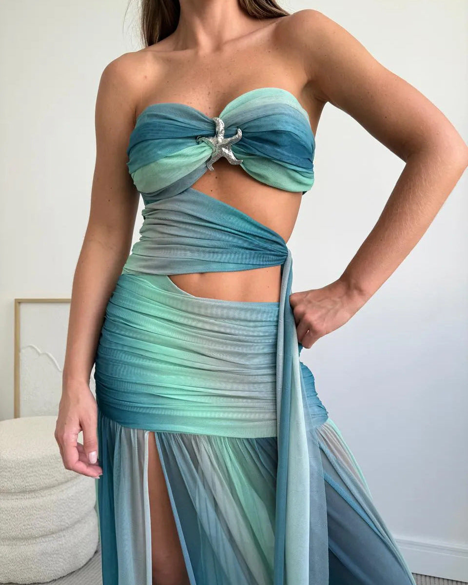 Robe de fête d'été pour femmes, sans bretelles, en maille, découpée, longue, fluide, A-line, décontractée et élégante – Wren
