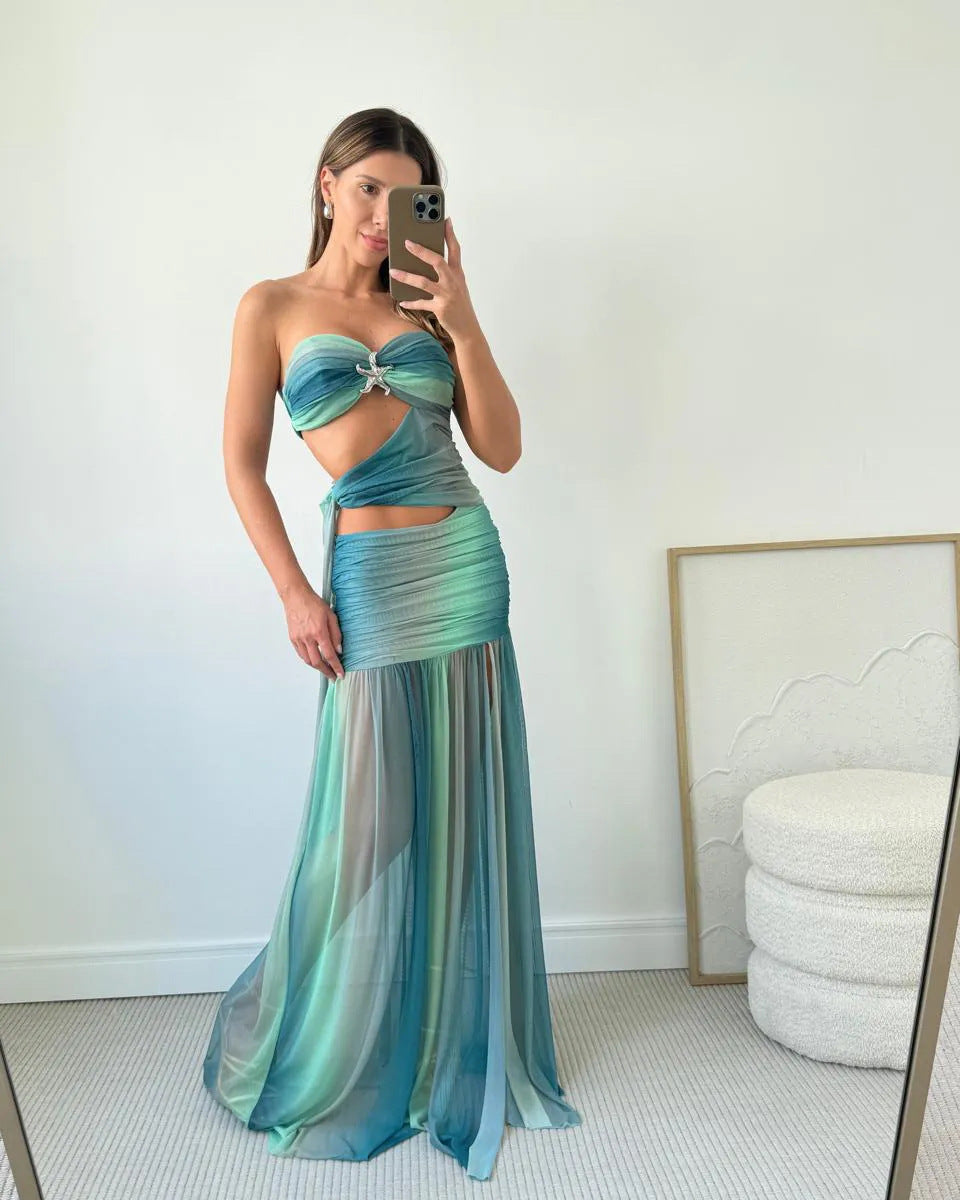 Robe de fête d'été pour femmes, sans bretelles, en maille, découpée, longue, fluide, A-line, décontractée et élégante – Wren