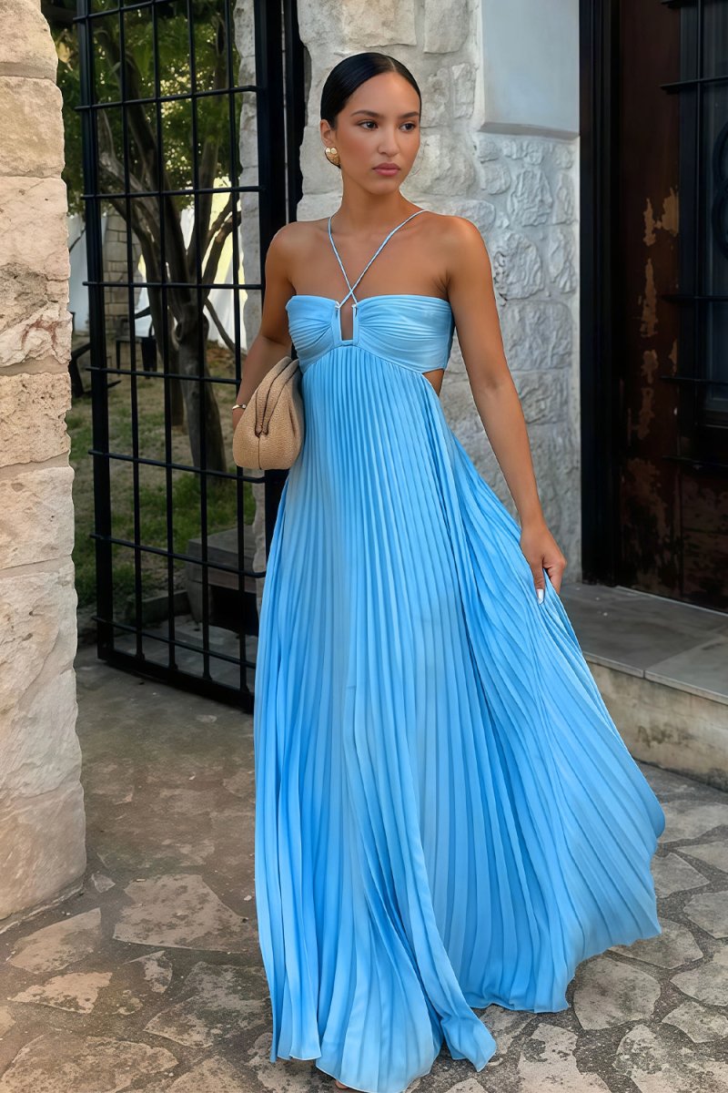 Abito lungo plissettato da donna con collo halter, schiena scoperta, corpetto strutturato, gonna fluida, serata, gala, matrimonio, invitata, giardino, formale, cerimonia, estate – Luella