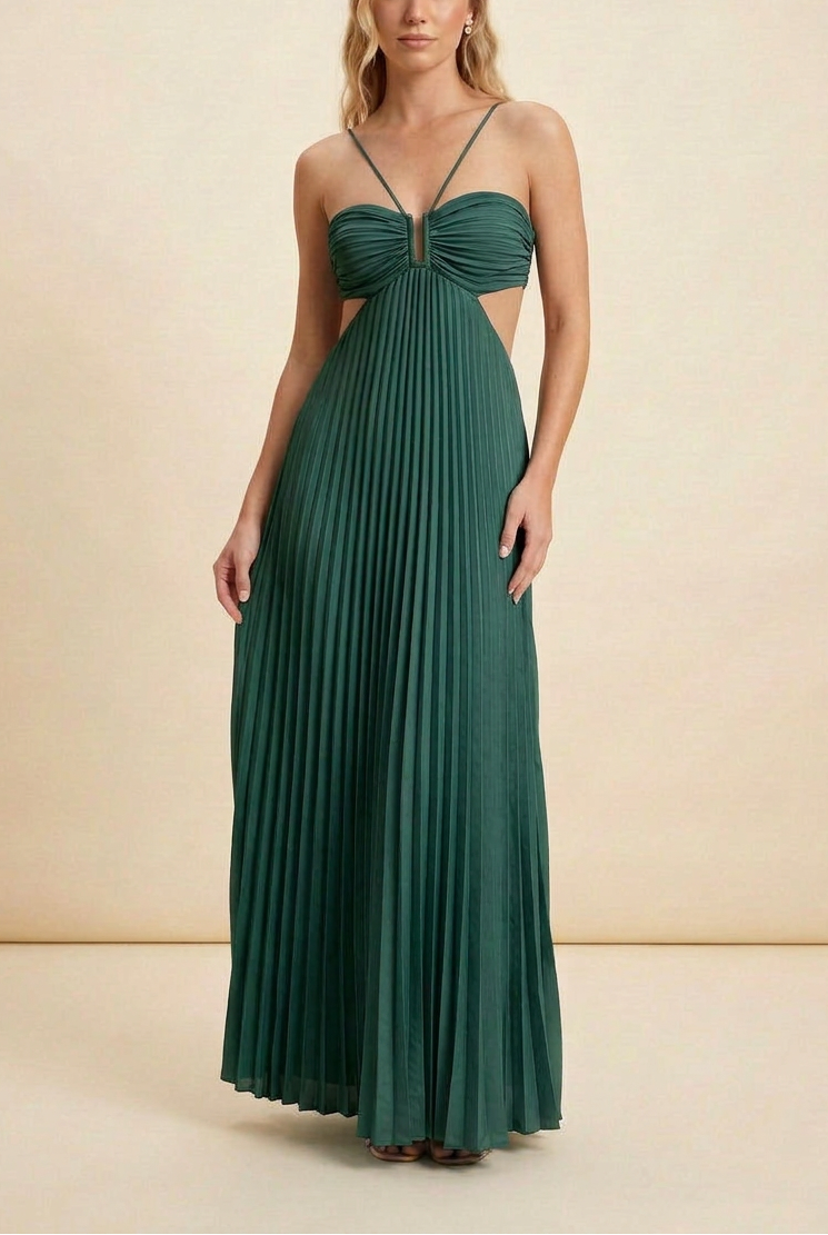 Vestido Mujer Largo Plisado Cuello Halter Espalda Descubierta Corsé Estructurado Falda Fluida Fiesta Gala Boda Invitada Jardín Formal Ceremonia Verano – Luella
