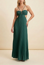Vestido Mujer Largo Plisado Cuello Halter Espalda Descubierta Corsé Estructurado Falda Fluida Fiesta Gala Boda Invitada Jardín Formal Ceremonia Verano – Luella