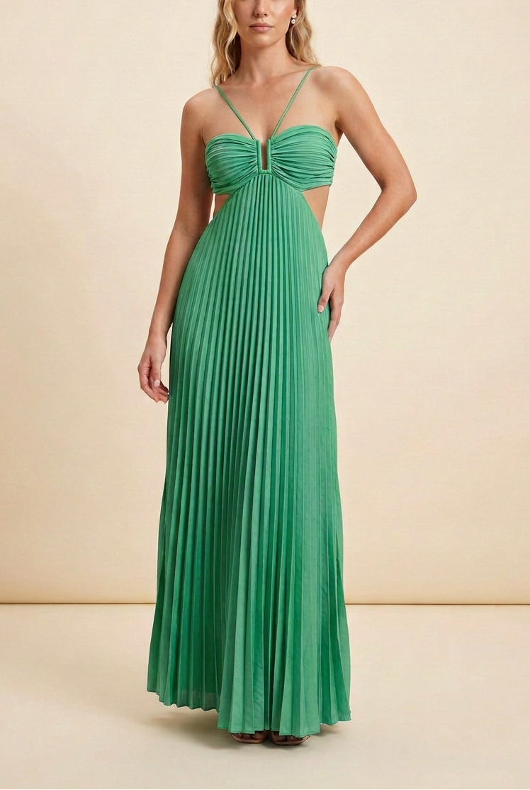 Vestido Mujer Largo Plisado Cuello Halter Espalda Descubierta Corsé Estructurado Falda Fluida Fiesta Gala Boda Invitada Jardín Formal Ceremonia Verano – Luella