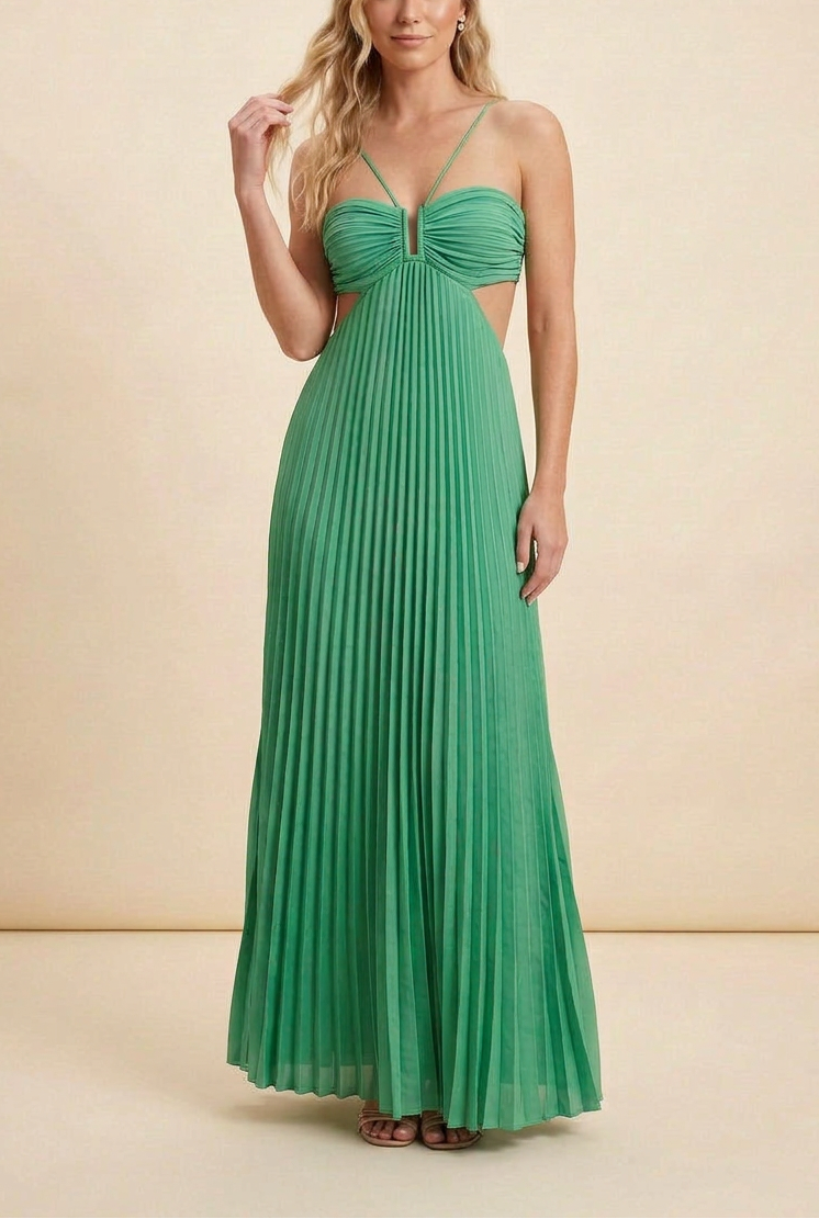 Vestido Mujer Largo Plisado Cuello Halter Espalda Descubierta Corsé Estructurado Falda Fluida Fiesta Gala Boda Invitada Jardín Formal Ceremonia Verano – Luella
