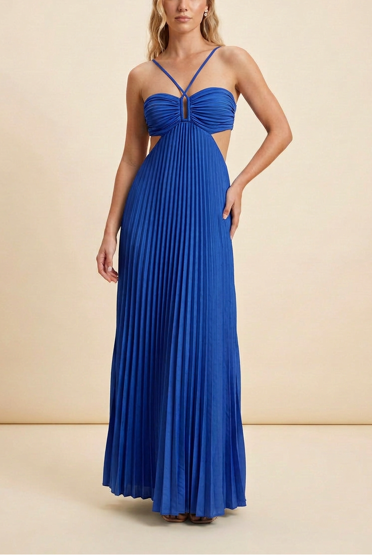 Vestido Mujer Largo Plisado Cuello Halter Espalda Descubierta Corsé Estructurado Falda Fluida Fiesta Gala Boda Invitada Jardín Formal Ceremonia Verano – Luella