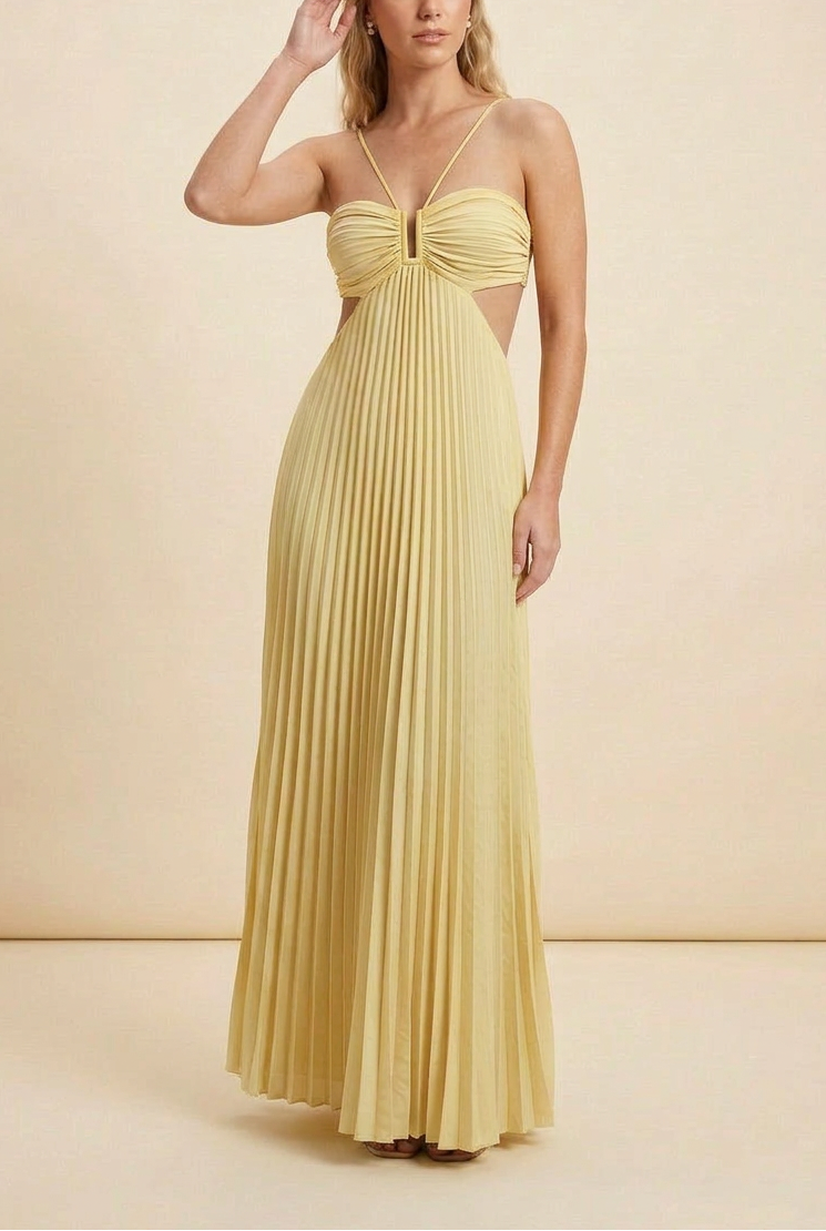 Vestido Mujer Largo Plisado Cuello Halter Espalda Descubierta Corsé Estructurado Falda Fluida Fiesta Gala Boda Invitada Jardín Formal Ceremonia Verano – Luella