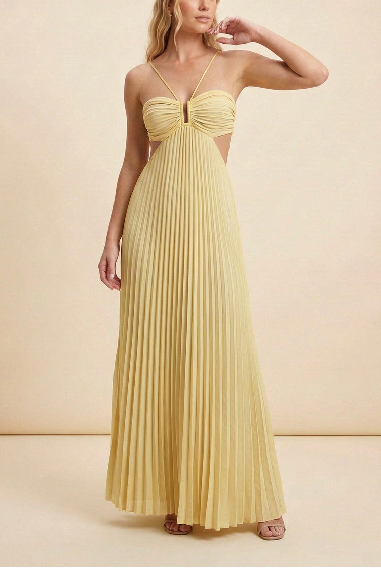Vestido Mujer Largo Plisado Cuello Halter Espalda Descubierta Corsé Estructurado Falda Fluida Fiesta Gala Boda Invitada Jardín Formal Ceremonia Verano – Luella