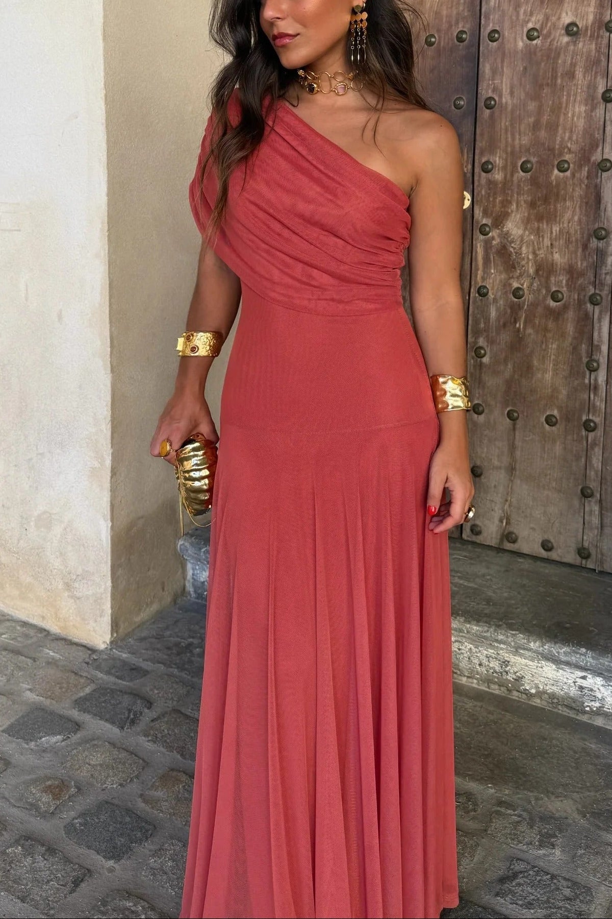 Robe de Soirée Formelle pour Femme Invité de Mariage Maxi à Épaule Démontable en Maille Romantique – Brittany