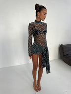 Robe Mini à Manches Longues en Maille pour Femmes, Asymétrique, Bodycon, Soirée, Sortie en Club, Anniversaire, Été – Tess