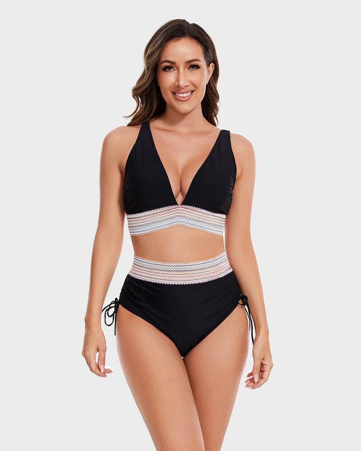 Conjunto de Bikini Halter de Cintura Alta con Control de Abdomen para Mujeres, Banda Tejida, Lazos en los Costados, Playa, Piscina, Vacaciones, Resort, Verano – Burdeos, Verde, Negro