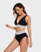 Conjunto de Bikini Halter de Cintura Alta con Control de Abdomen para Mujeres, Banda Tejida, Lazos en los Costados, Playa, Piscina, Vacaciones, Resort, Verano – Burdeos, Verde, Negro