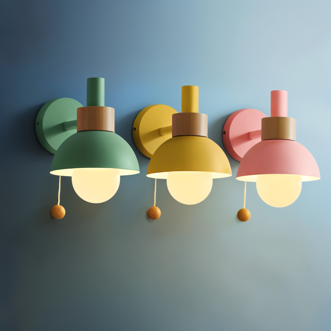 Macaron Wall Sconce in Wood and Metal with Pull Cord Switch