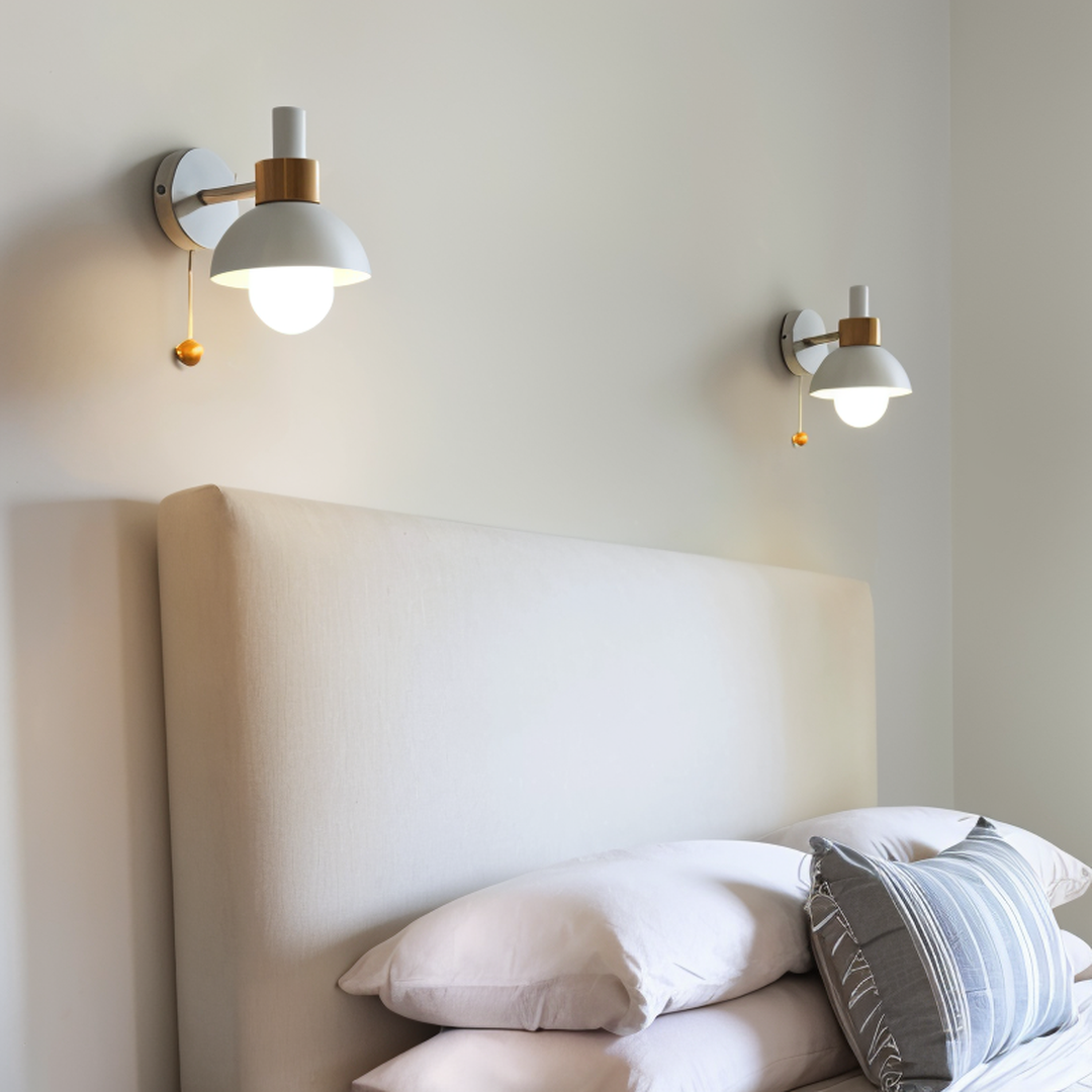 Macaron Wall Sconce in Wood and Metal with Pull Cord Switch