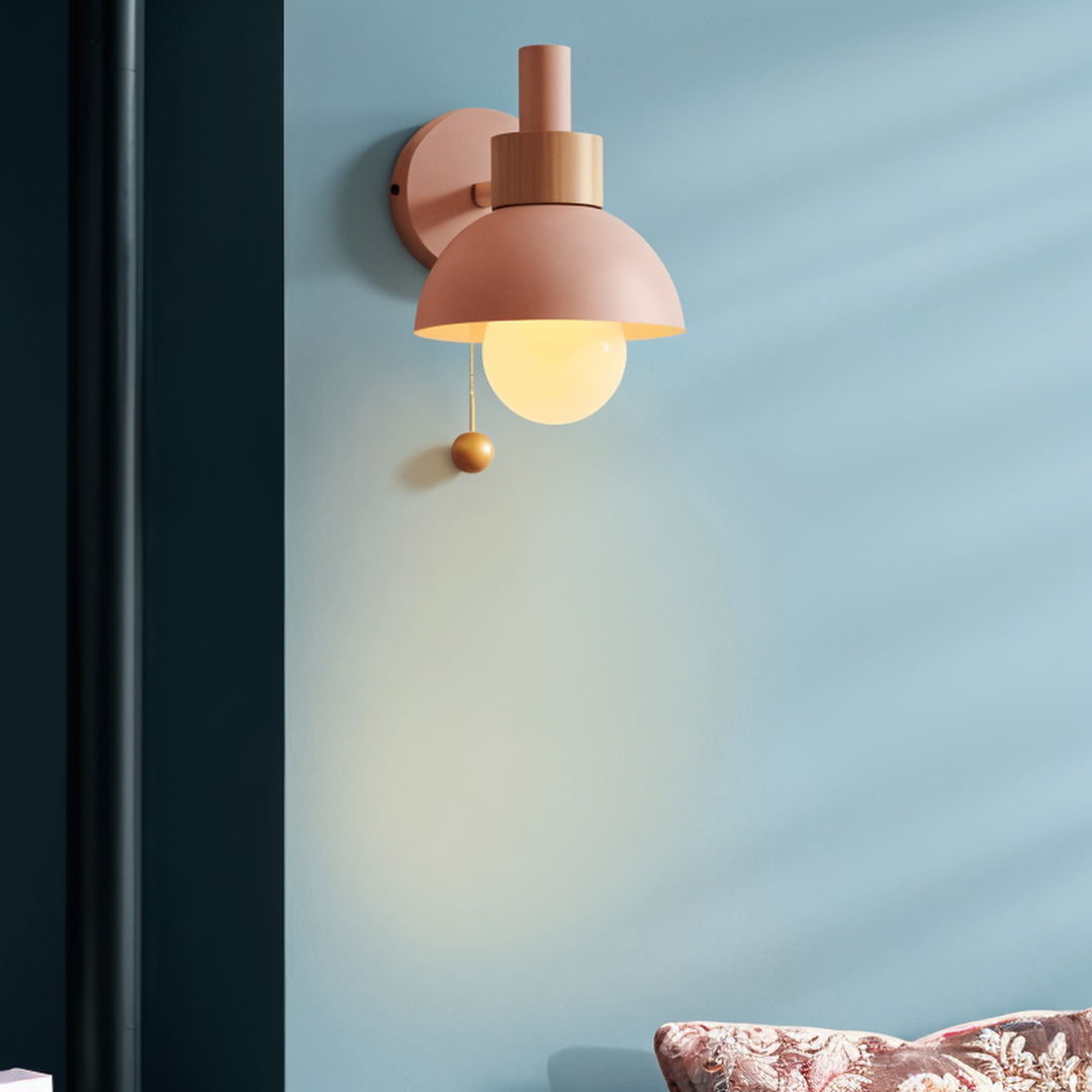 Macaron Wall Sconce in Wood and Metal with Pull Cord Switch