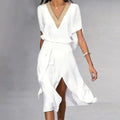 Robe Midi Wrap Élégante pour Femmes à Col V à Manches Courtes Durable Décontractée pour Fête d'Été Decontractée– Isabella Blanche