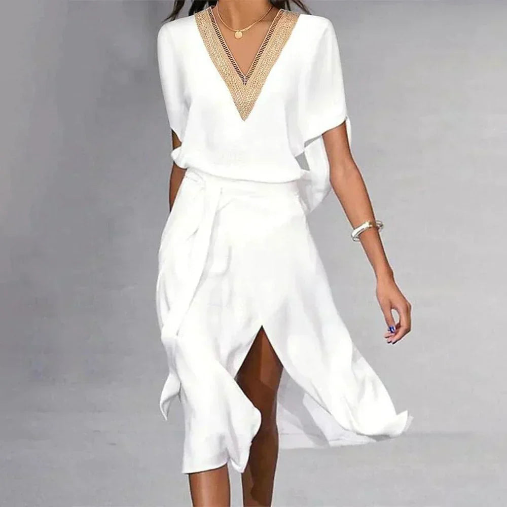 Robe Midi Wrap Élégante pour Femmes à Col V à Manches Courtes Durable Décontractée pour Fête d'Été Decontractée– Isabella Blanche