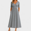 Midi jersey jurk met korte mouwen en V-hals voor dames, bruiloftsgasten, elegant en casual – Jessica
