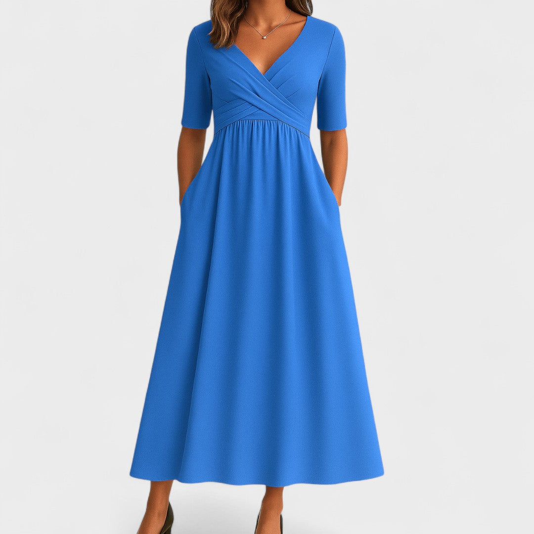 Vestido Midi de Jersey con Mangas Cortas y Cuello en V para Mujeres Invitadas a Bodas Elegante y Casual – Jessica