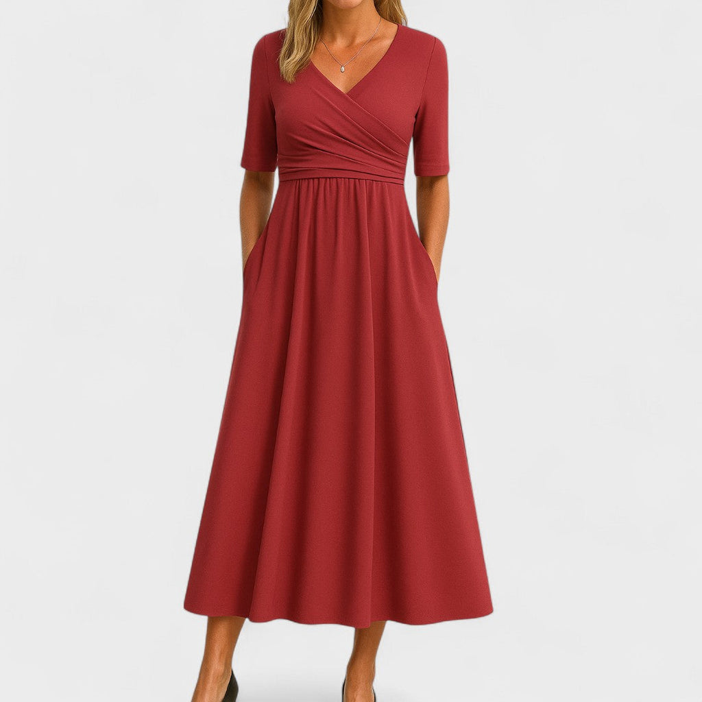 Midi jersey jurk met korte mouwen en V-hals voor dames, bruiloftsgasten, elegant en casual – Jessica