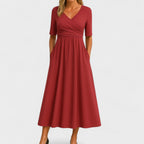 Midi jersey jurk met korte mouwen en V-hals voor dames, bruiloftsgasten, elegant en casual – Jessica
