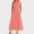 Midi jersey jurk met korte mouwen en V-hals voor dames, bruiloftsgasten, elegant en casual – Jessica