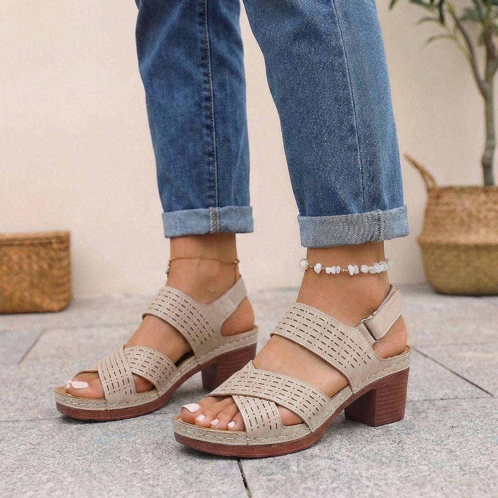 Orthopädische Plateau-Sandalen für Damen mit verstellbarem Riemen, offen, mit erhöhtem Absatz, elegant, bequem, lässig, für Büro und Sommer – Denim