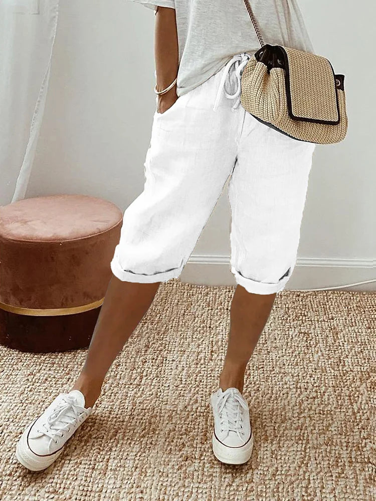 Damen Shorts aus Baumwolle und Leinen, mittellang, leger, leicht, atmungsaktiv, casual, schick, entspannt, Spaziergang, Sommerausflug, Urlaub – Linotine