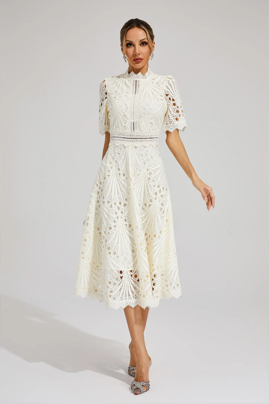 Robe Midi en Dentelle à Manches Courtes pour Femmes - Invité de Mariage - Été - Élégante - Encolure Arrondie