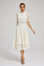 Robe Midi en Dentelle à Manches Courtes pour Femmes - Invité de Mariage - Été - Élégante - Encolure Arrondie