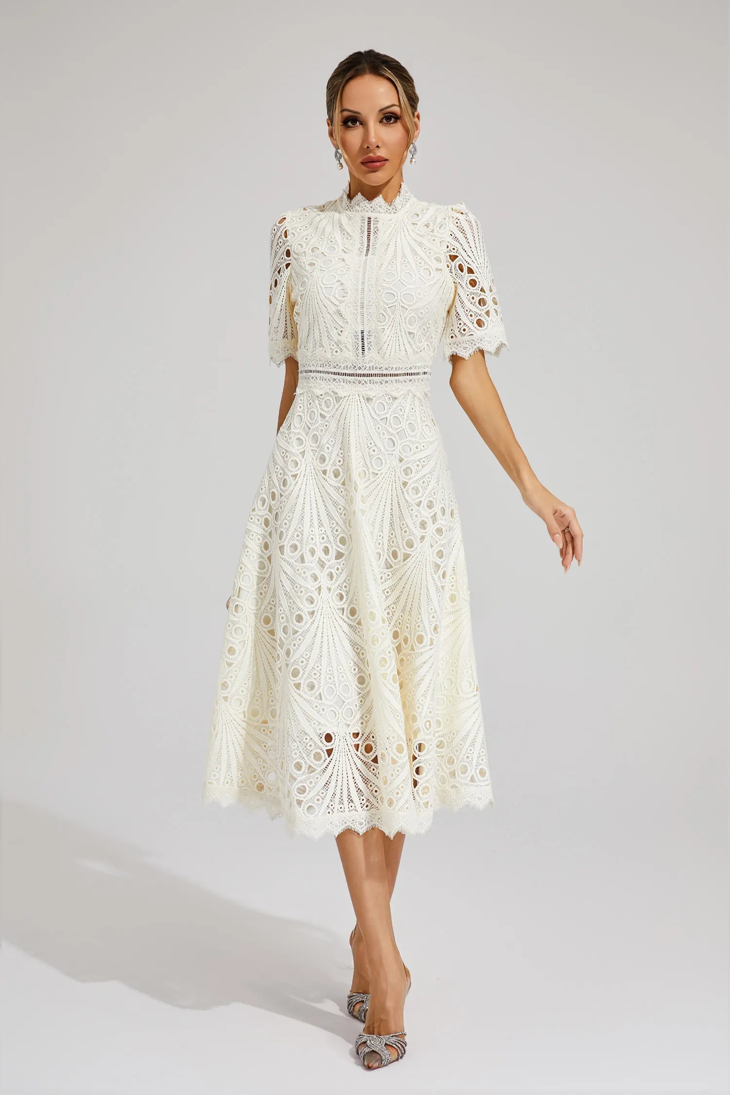 Robe Midi en Dentelle à Manches Courtes pour Femmes - Invité de Mariage - Été - Élégante - Encolure Arrondie