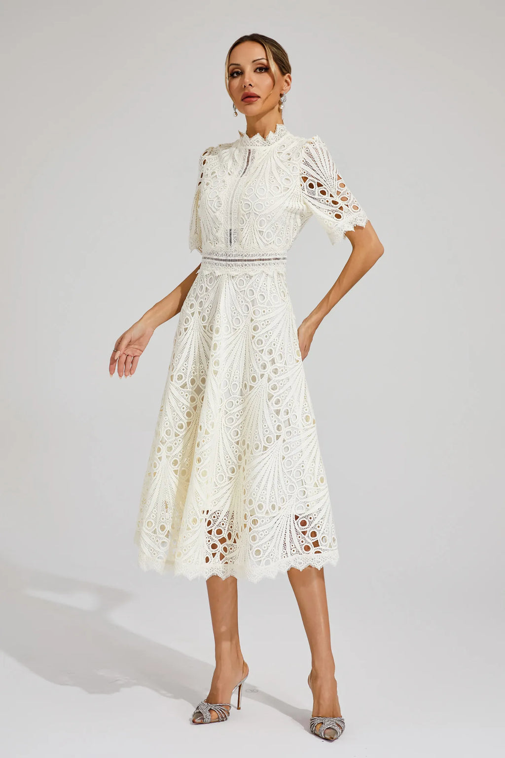 Robe Midi en Dentelle à Manches Courtes pour Femmes - Invité de Mariage - Été - Élégante - Encolure Arrondie