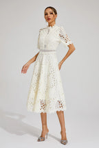 Robe Midi en Dentelle à Manches Courtes pour Femmes - Invité de Mariage - Été - Élégante - Encolure Arrondie
