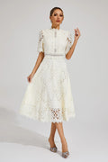 Robe Midi en Dentelle à Manches Courtes pour Femmes - Invité de Mariage - Été - Élégante - Encolure Arrondie